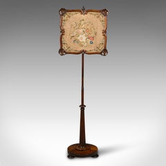 Antique Fireside Pole Screen, English, Needlepoint Tapestry, Adjustable, Regency