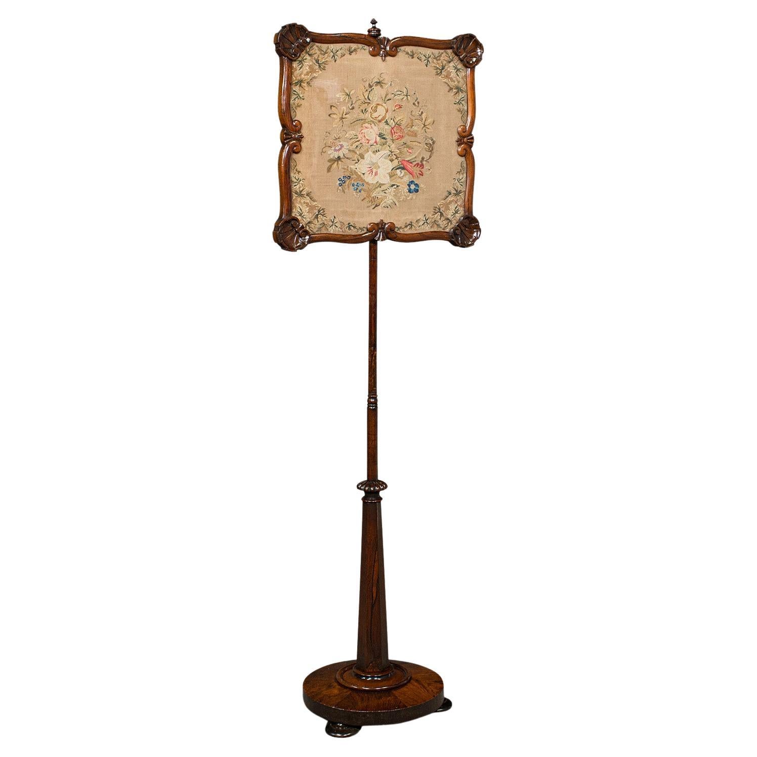 Antique Fireside Pole Screen, English, Needlepoint Tapestry, Adjustable, Regency For Sale