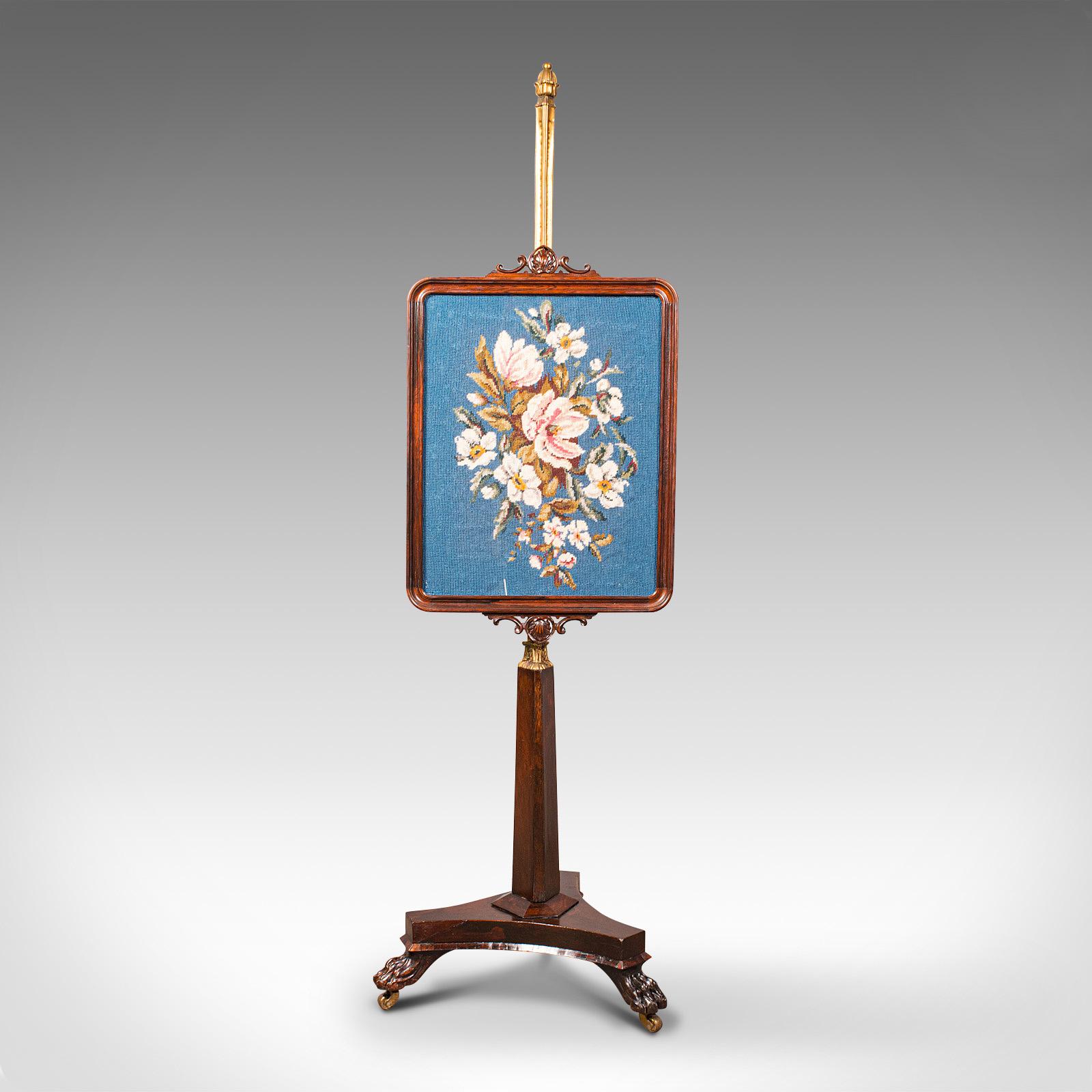 British Antique Fireside Pole Screen, English, Rosewood, Needlepoint, William IV, C.1830 For Sale