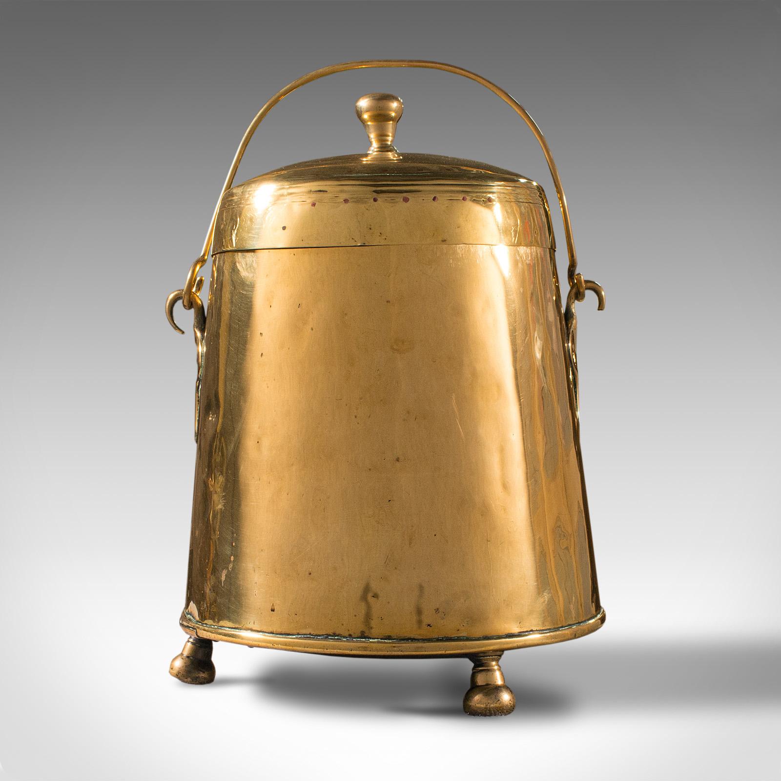 This is an antique fireside store. An English, brass coal bucket with cover, dating to the Regency period, circa 1820.

Pleasingly polished fireside keep from the Regency period
Displays a desirable aged patina with signs of gentle
