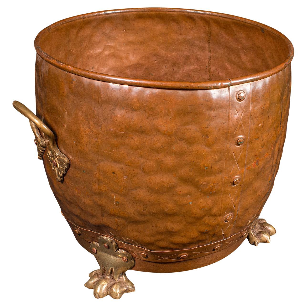 Fireside Antiques, inglese, rame battuto a mano, bidone del carbone, vittoriano, C.C. in vendita