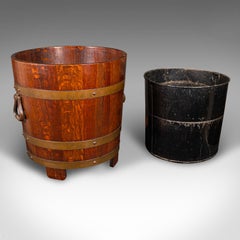 Antique Fireside Store, English, Oak, Coopered Fire Bucket, Coal Bin, Circa 1920