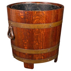 Antique Fireside Store, English, Oak, Coopered Fire Bucket, Coal Bin, Circa 1920