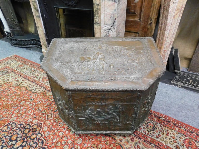 Antique Firewood Holder in Embossed Brass, 1800, France at 1stDibs