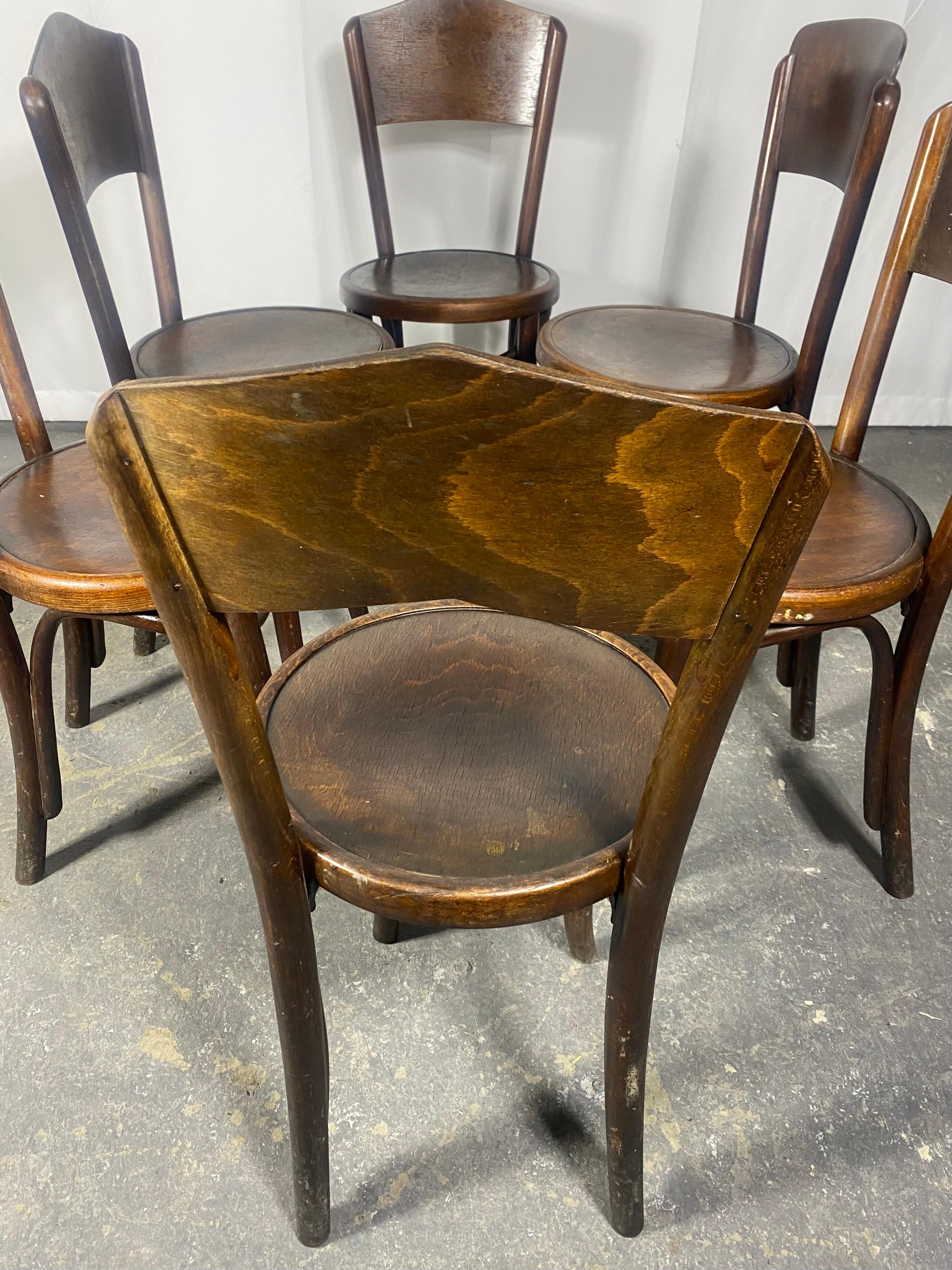 Antique Fischel Bentwood Bistro /Cafe' Chairs, Vienna 1920s. Set of 6 In Good Condition For Sale In Buffalo, NY