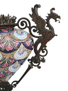 Antique Fischer Chinoiserie Chinese Inspired Ceramic Bronze Jardiniere Planter