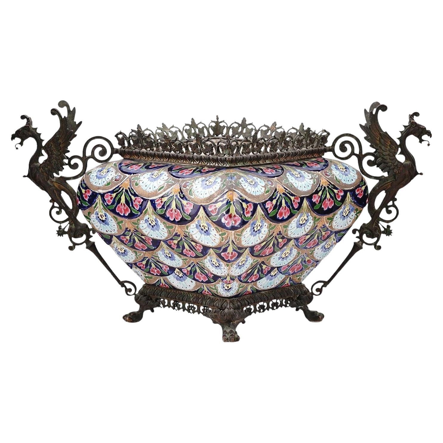 Antike Fischer Chinoiserie Chinesisch inspiriert Keramik Bronze Jardiniere Pflanzer im Angebot
