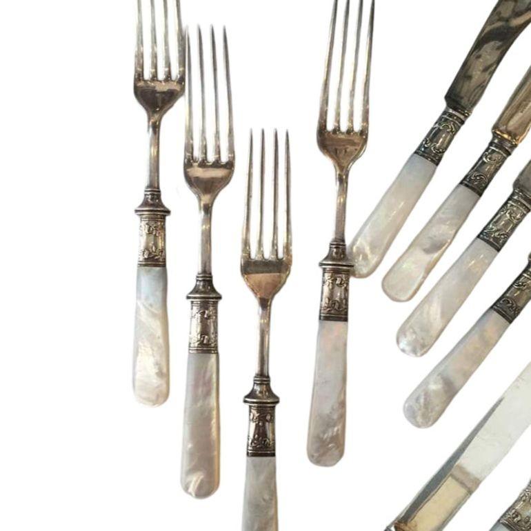 Victorian Antique Fish Flatware Set, Sterling Silver with Mother-of-pearl, Set of 18 For Sale