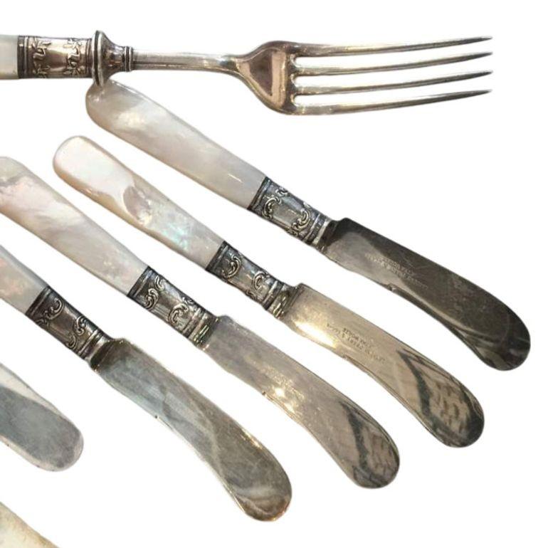 Antique Fish Flatware Set, Sterling Silver with Mother-of-pearl, Set of 18 In Excellent Condition For Sale In Van Nuys, CA