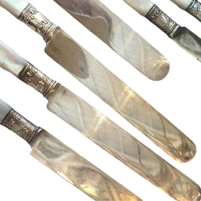 Victorian Antique Fish Flatware Set, Sterling Silver with Mother-of-pearl, Set of 18 For Sale