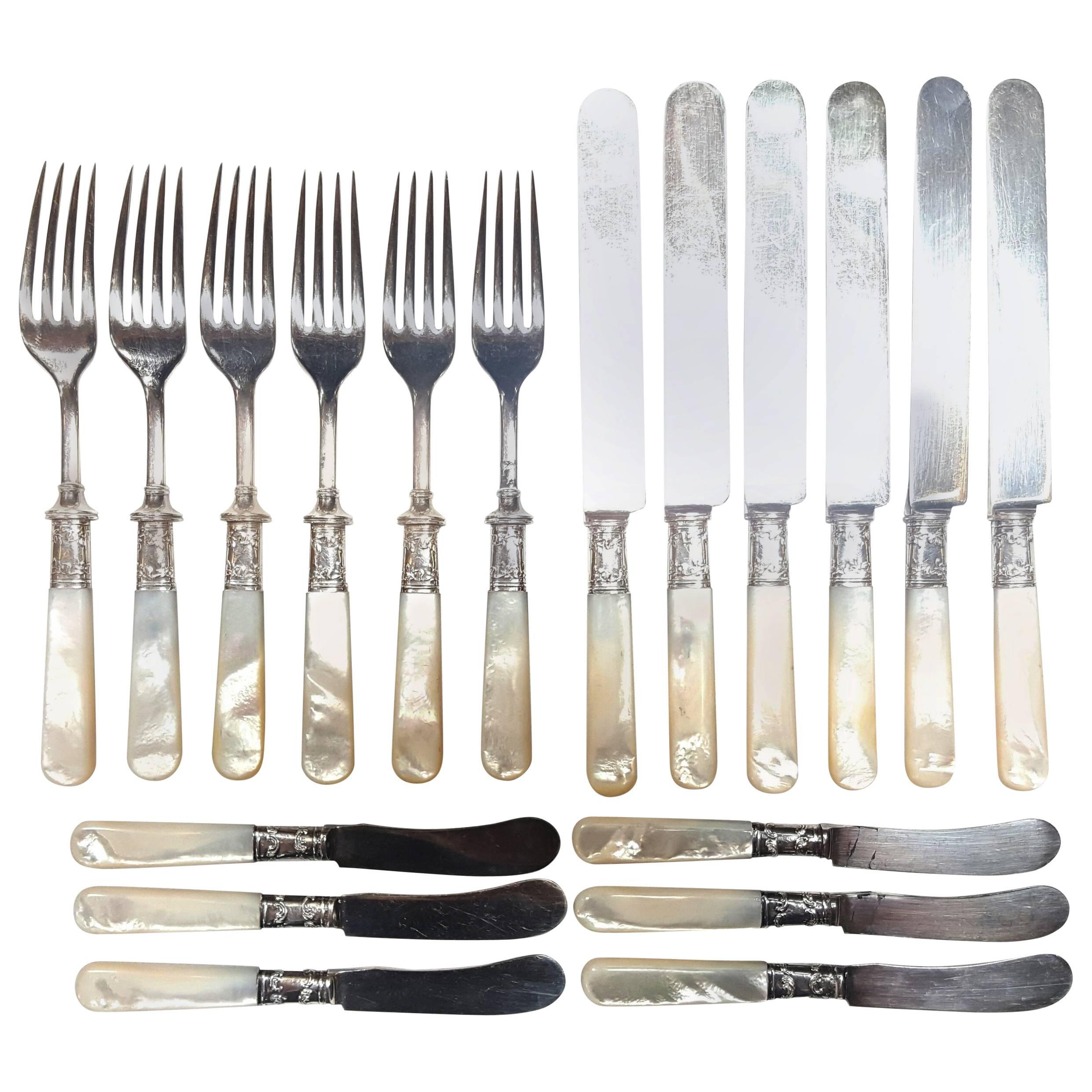 Antique Fish Flatware Set, Sterling Silver with Mother-of-pearl, Set of 18 For Sale
