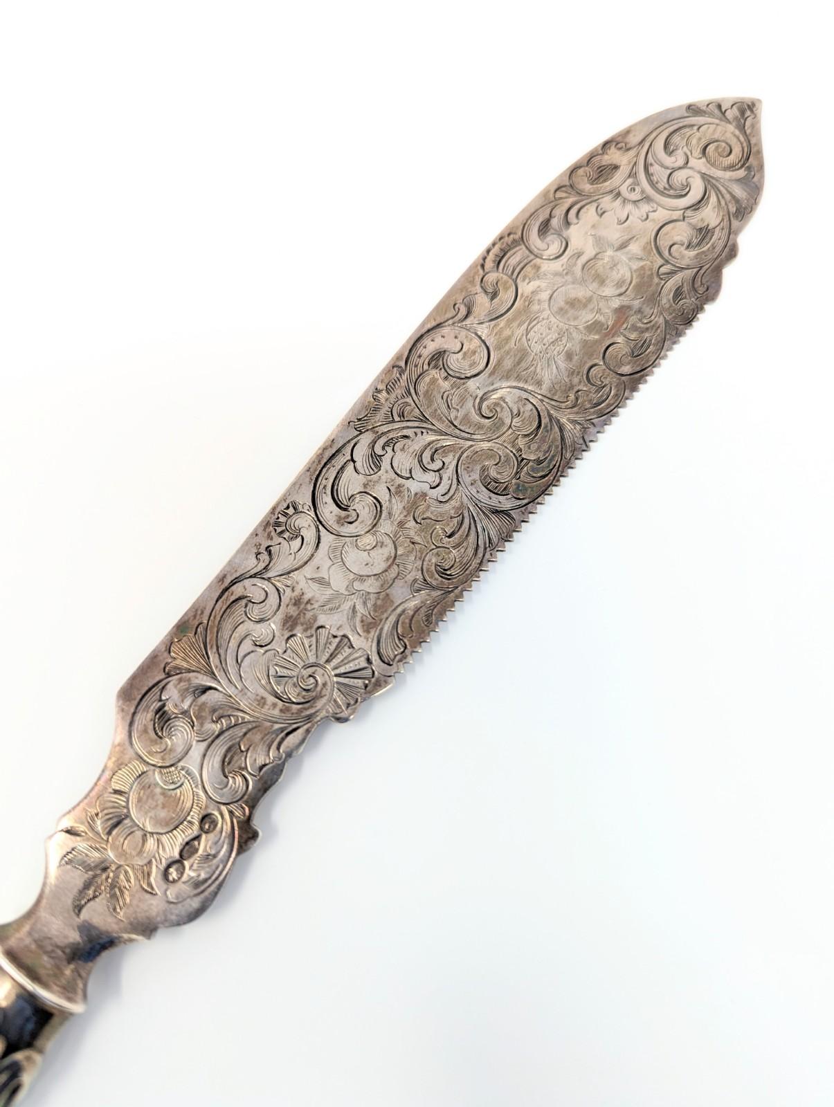 Victorian Antique Fish Knife Unique Sea Serpent Snake Sterling Silver French Cake Etched For Sale