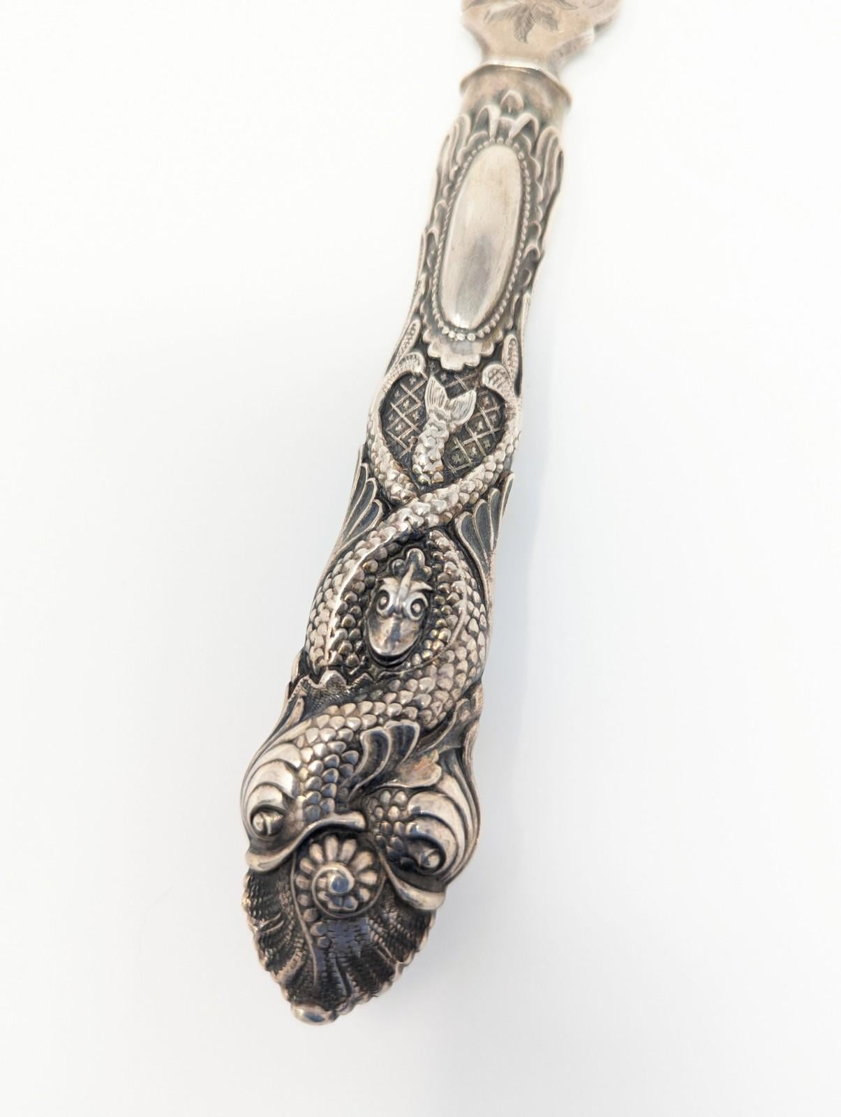 European Antique Fish Knife Unique Sea Serpent Snake Sterling Silver French Cake Etched For Sale