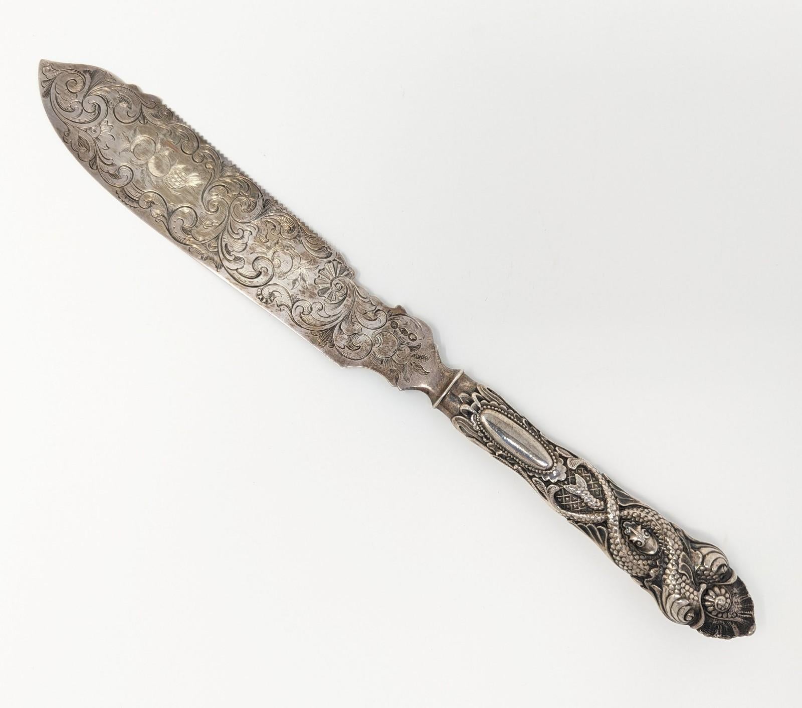 19th Century Antique Fish Knife Unique Sea Serpent Snake Sterling Silver French Cake Etched For Sale