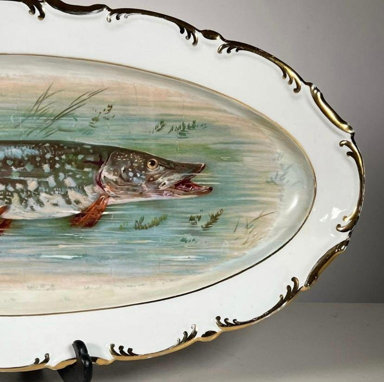 Service à Poisson Ancien - 12 Assiettes + Grand Plat Ovale, Porcelaine Multicolore 1920-1949