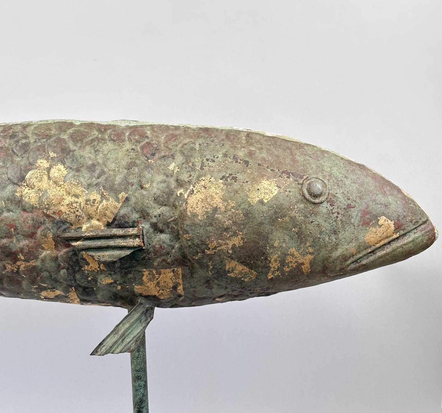 Antique American copper fish weathervane circa 1875. Purchased from a private Nantucket collection in the 1980s. Original surface with remnants of gold leaf. Great condition, measures 36