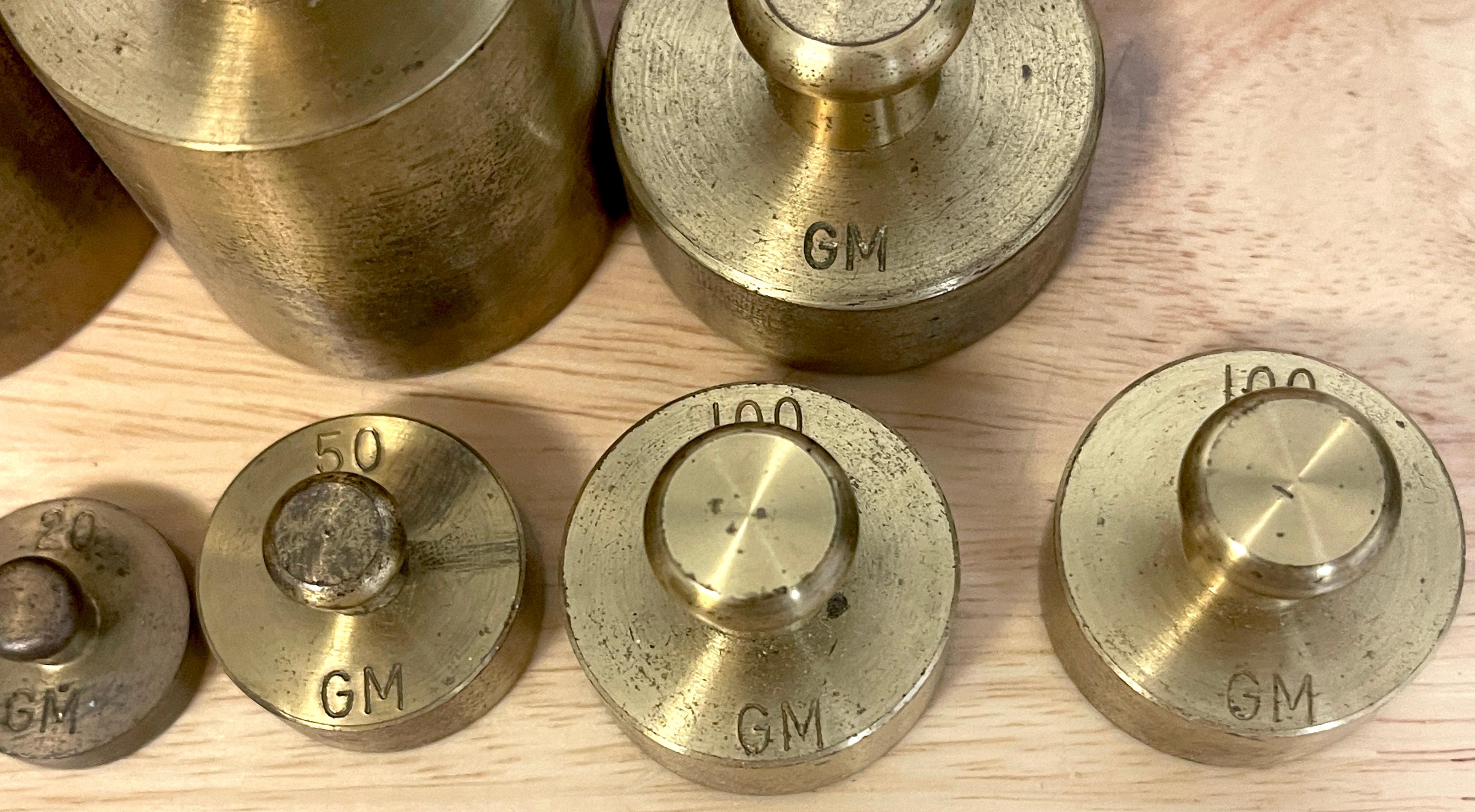 20th Century Antique Fisher- Scientific Brass & Oak Complete Calibration Weight Set For Sale