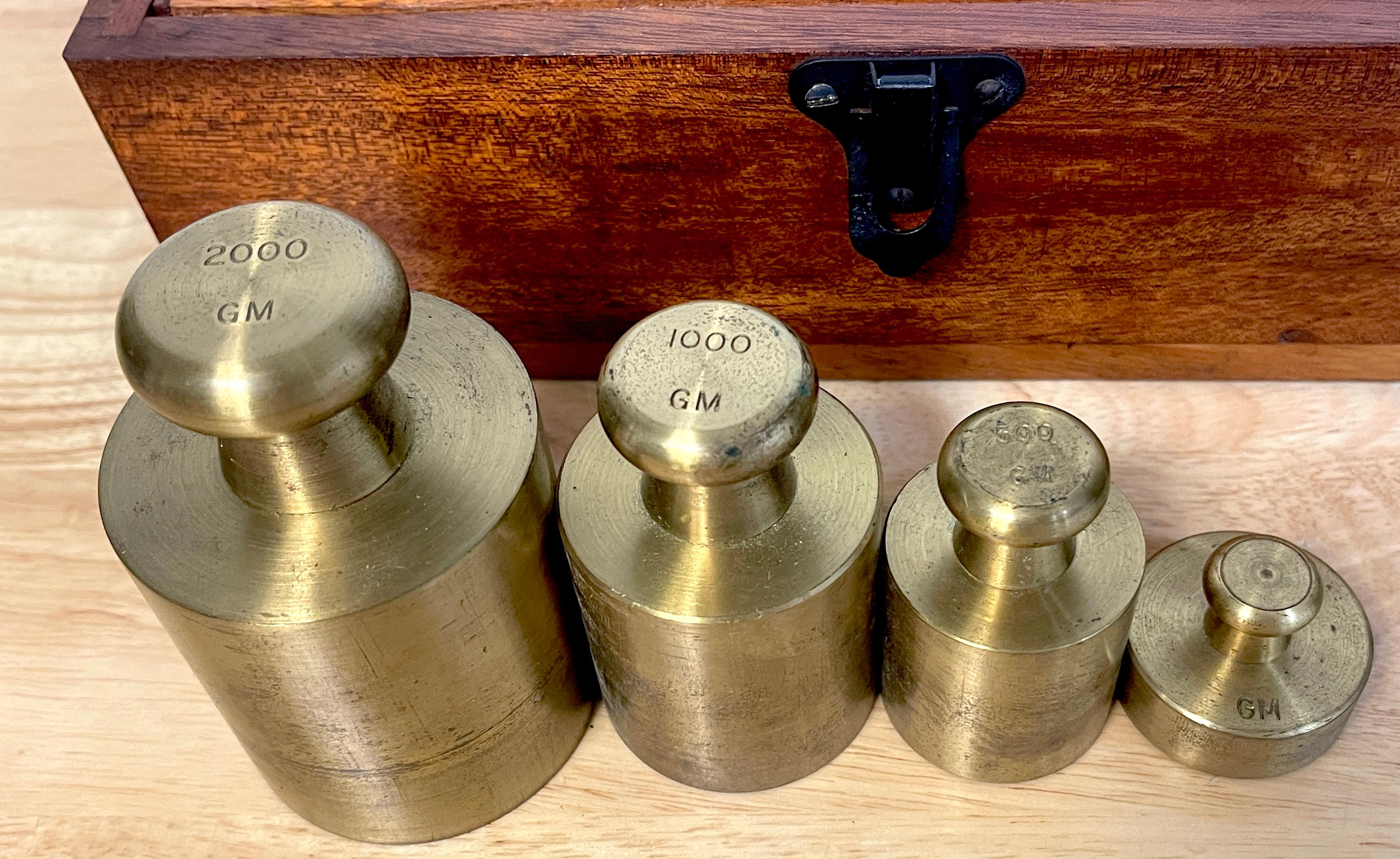 American Antique Fisher- Scientific Brass & Oak Complete Calibration Weight Set For Sale