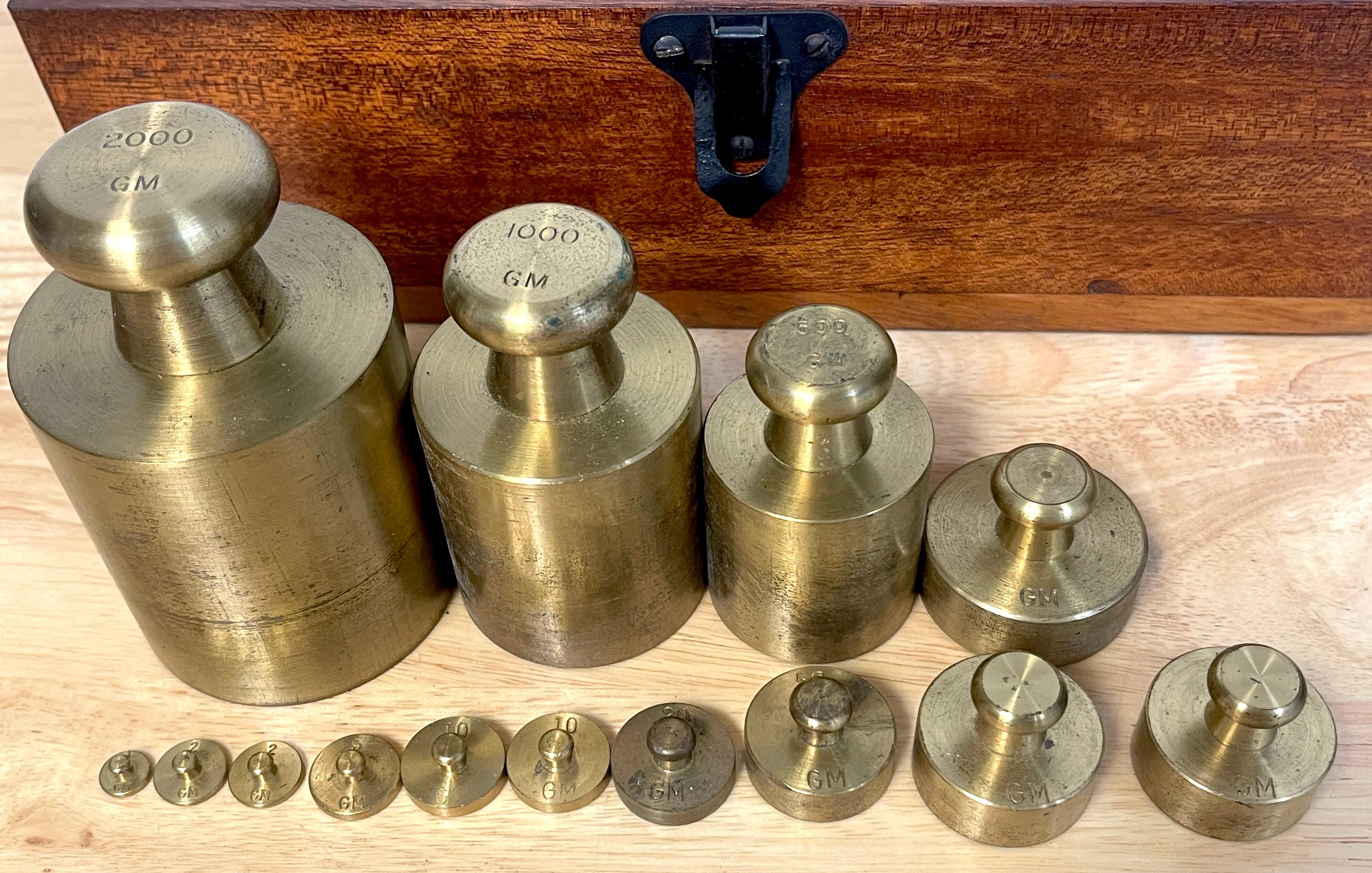 Cast Antique Fisher- Scientific Brass & Oak Complete Calibration Weight Set For Sale