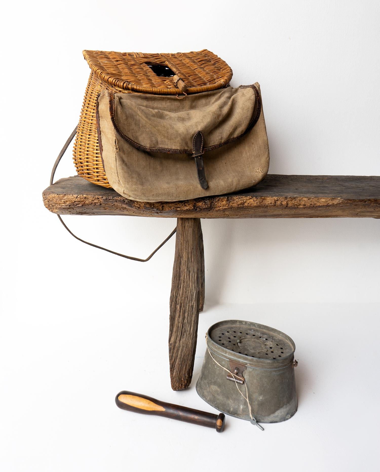 Antique Fishing Collection, Wicker Creel, Bait Box & Lignum Vitae Priest 7