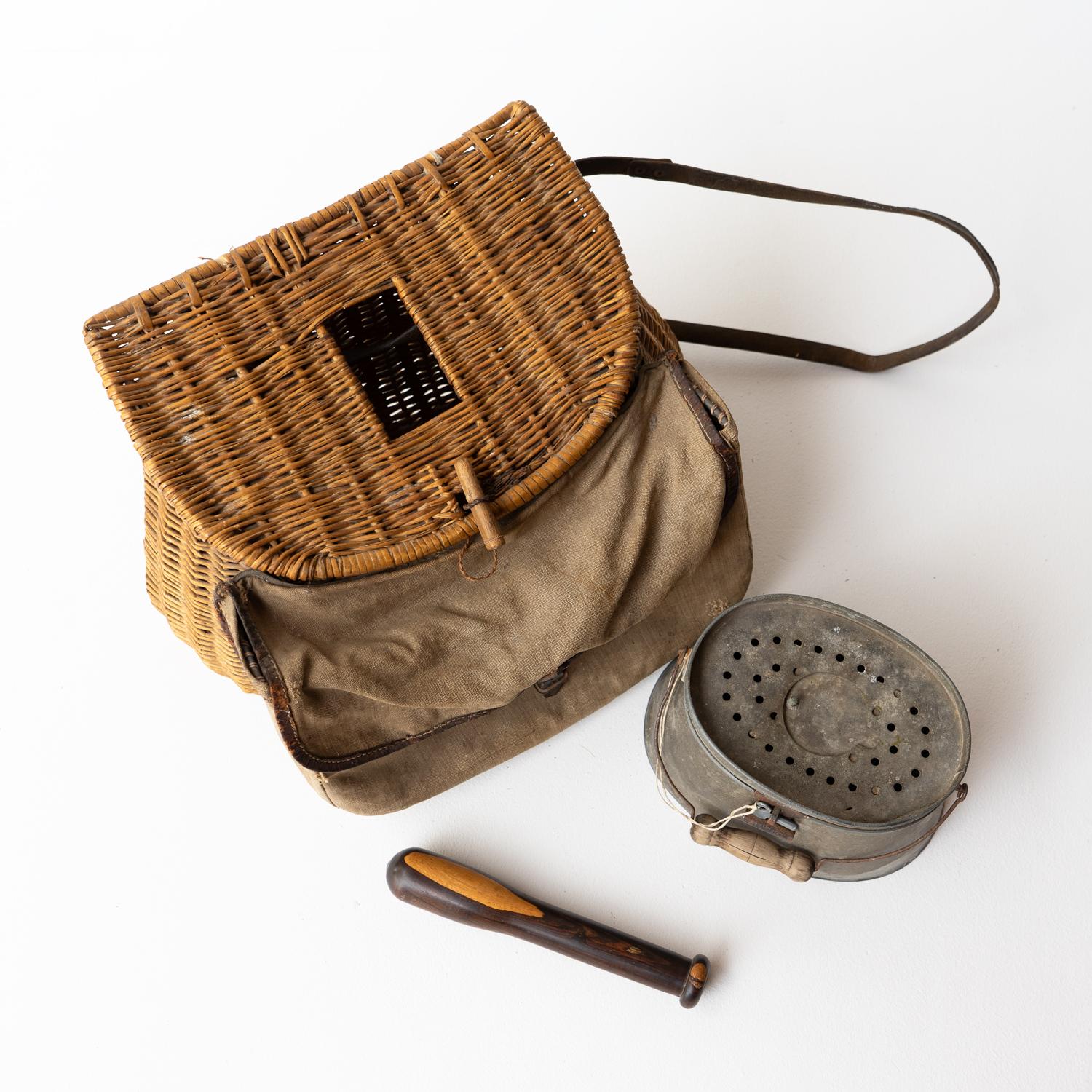 French Antique Fishing Collection, Wicker Creel, Bait Box & Lignum Vitae Priest