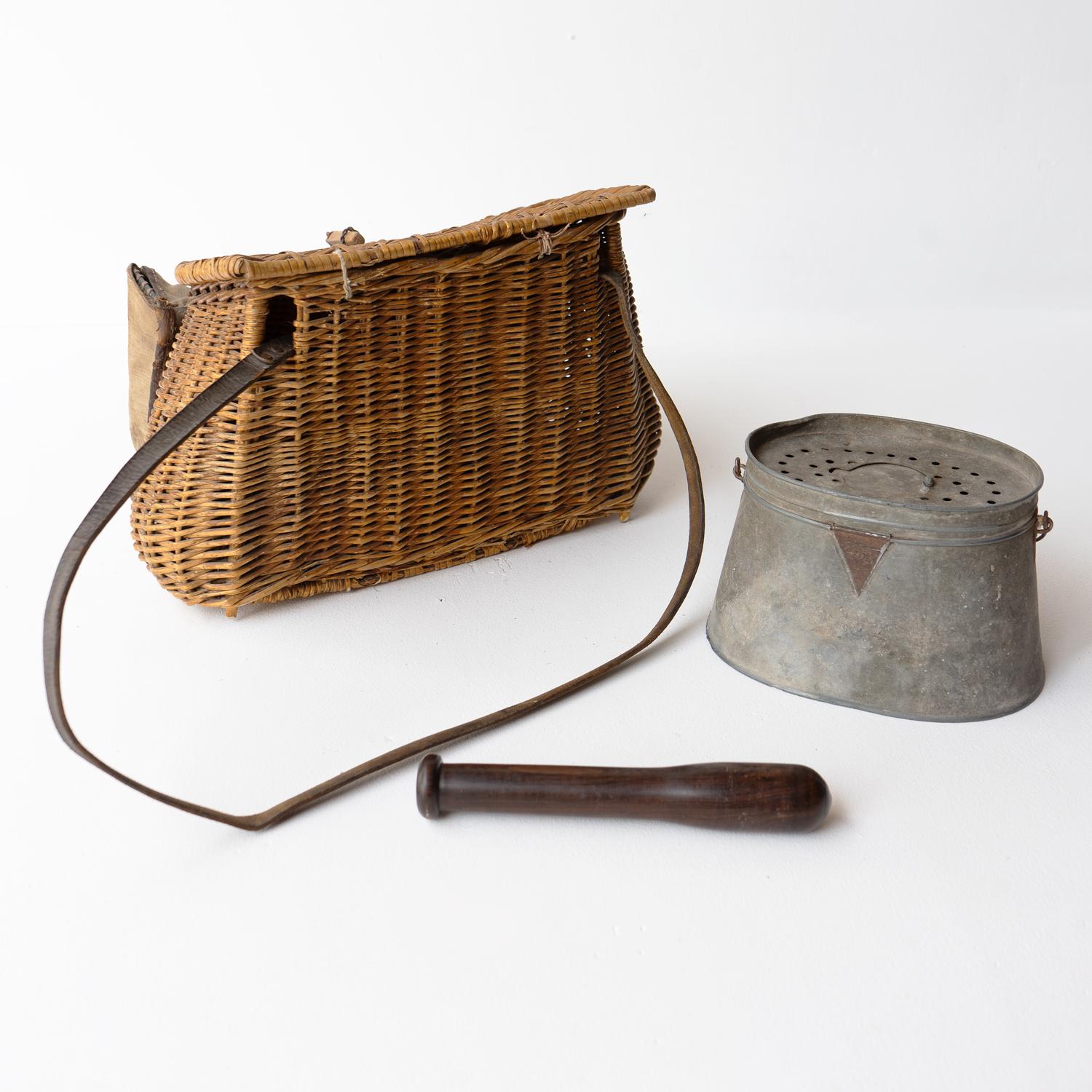 Metalwork Antique Fishing Collection, Wicker Creel, Bait Box & Lignum Vitae Priest