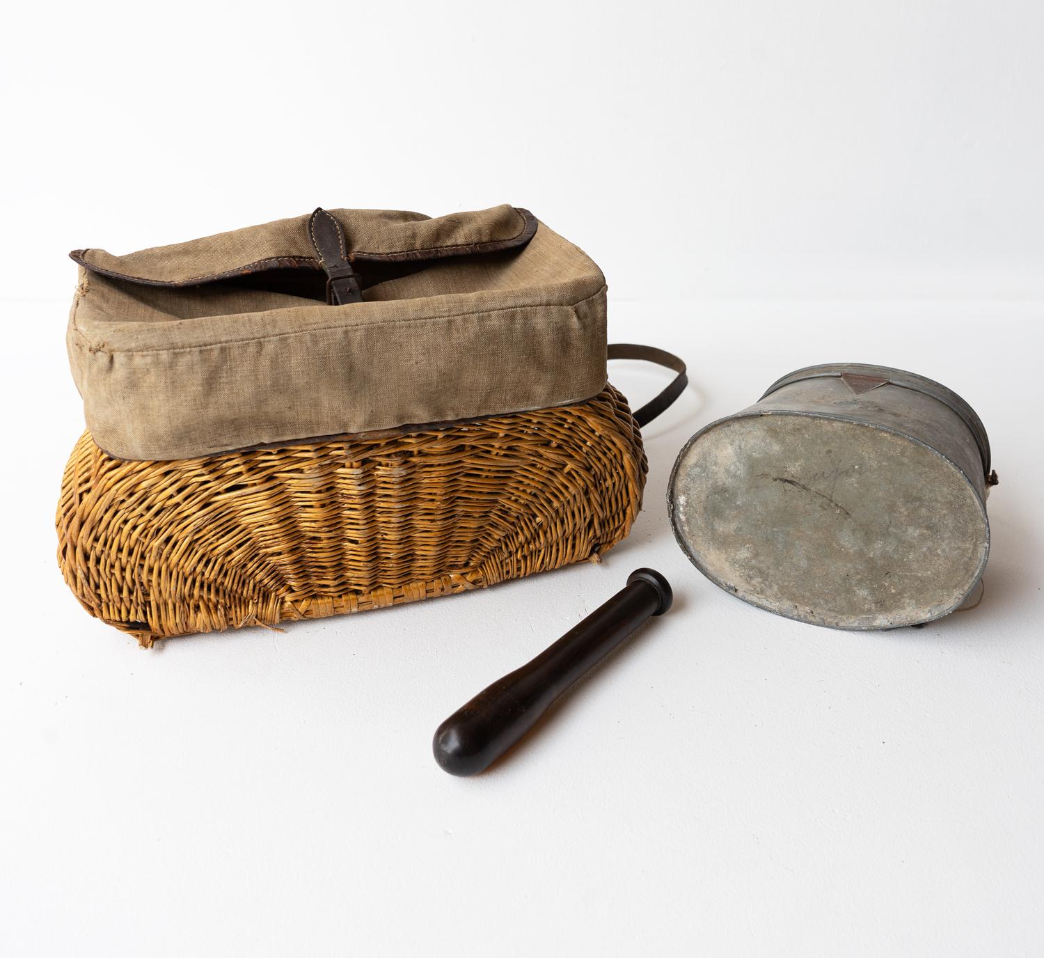 Antique Fishing Collection, Wicker Creel, Bait Box & Lignum Vitae Priest In Good Condition In Bristol, GB
