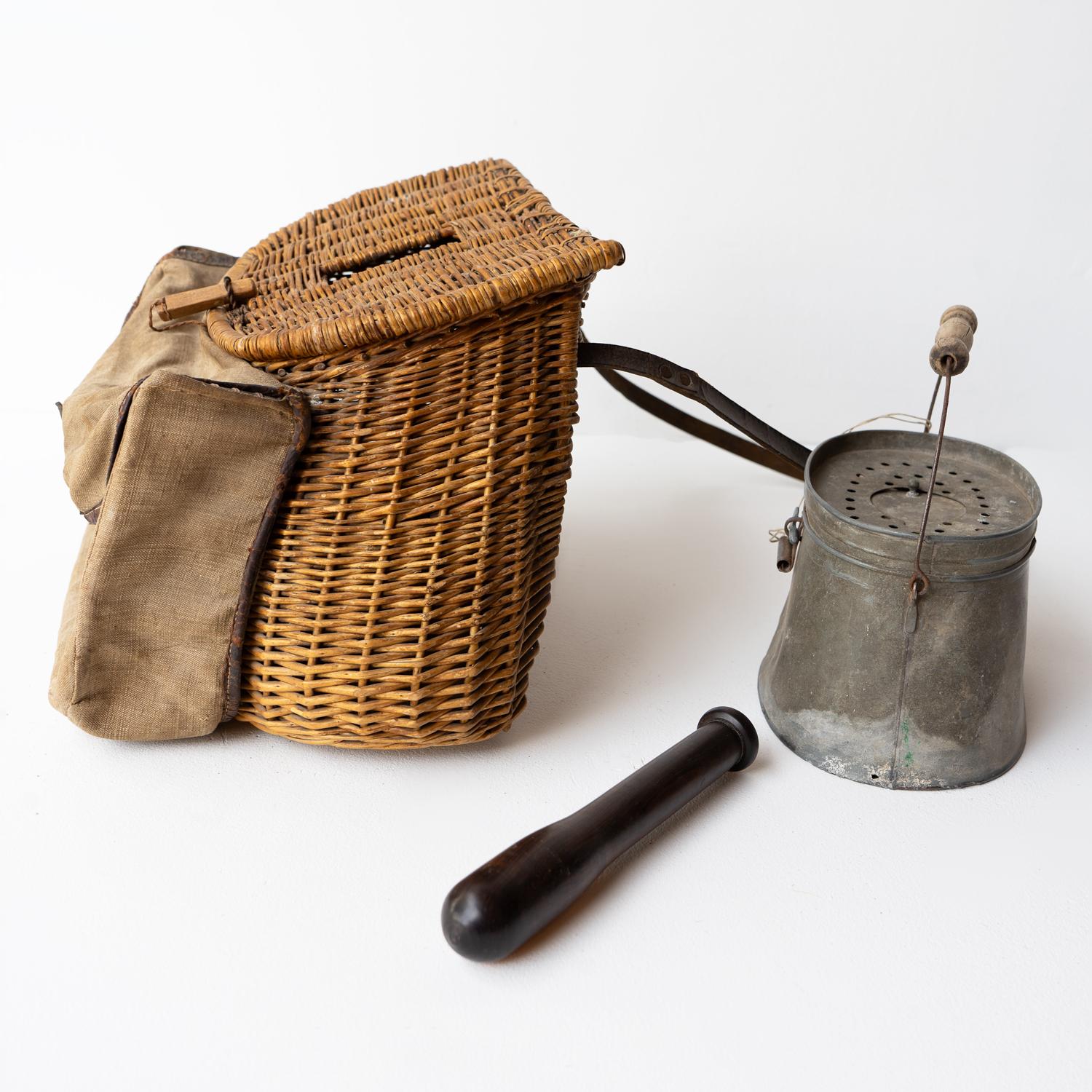 19th Century Antique Fishing Collection, Wicker Creel, Bait Box & Lignum Vitae Priest