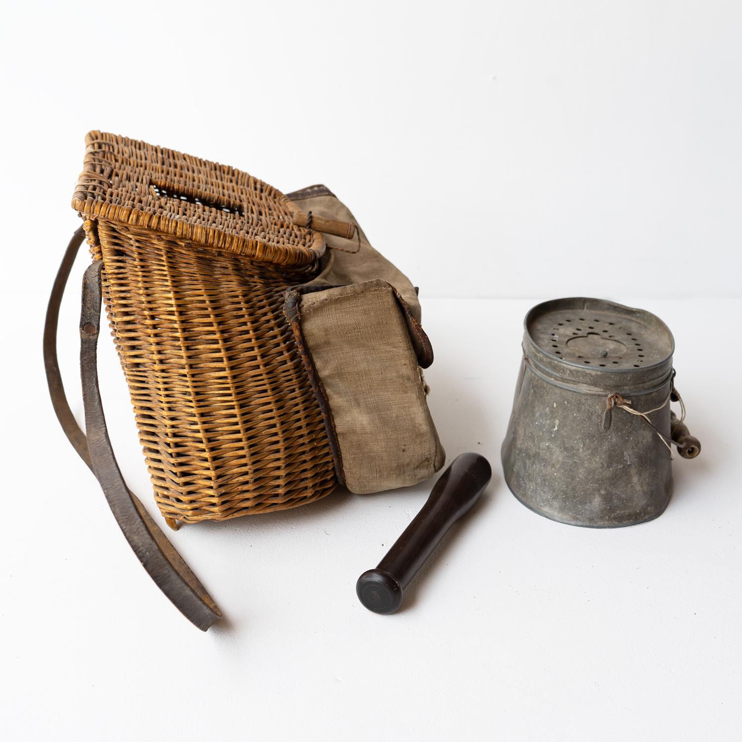 Metal Antique Fishing Collection, Wicker Creel, Bait Box & Lignum Vitae Priest