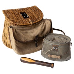 Antique Fishing Collection, Wicker Creel, Bait Box & Lignum Vitae Priest