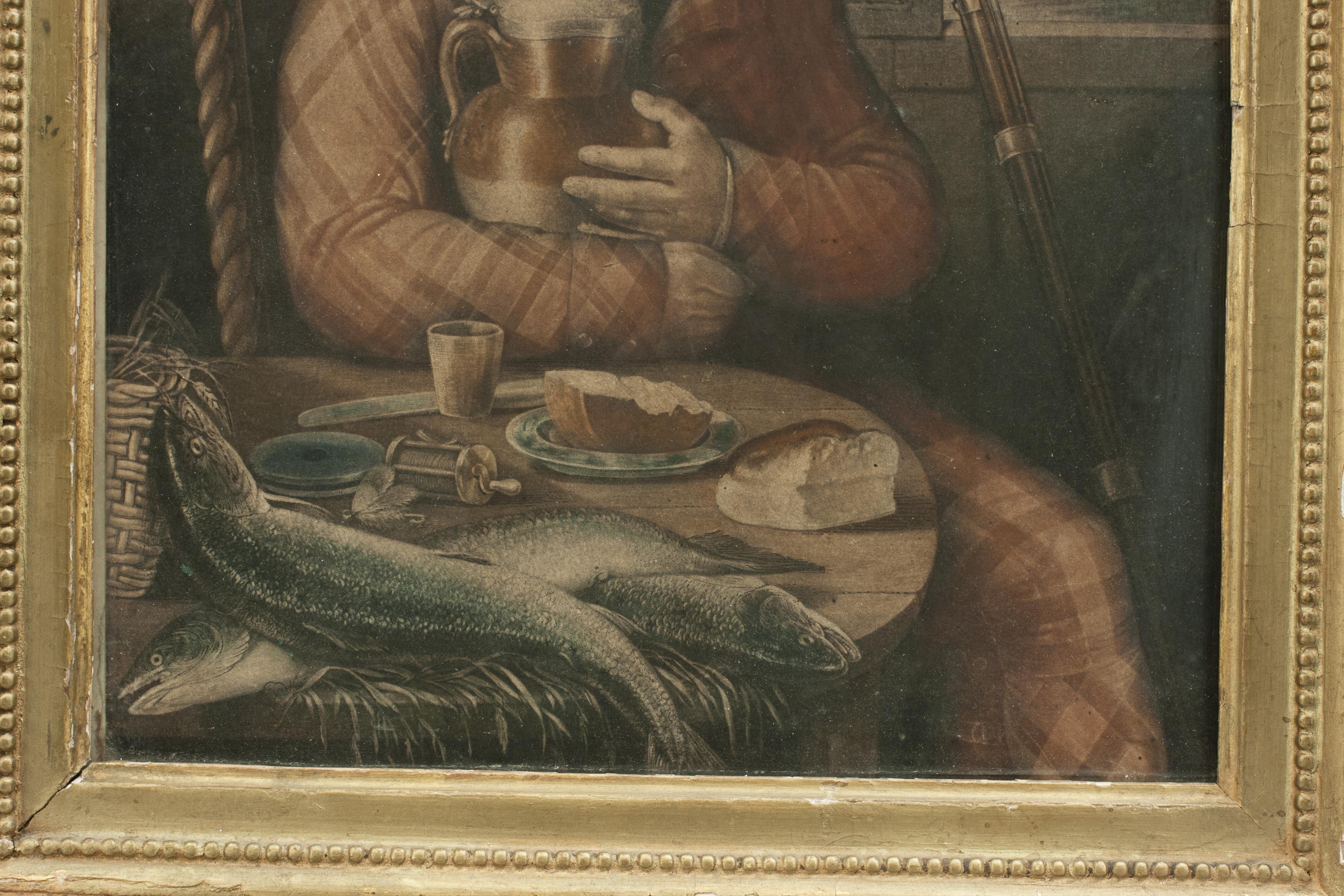 Anglais Mezzotint de pêche ancien, déjeuner des rameurs en vente