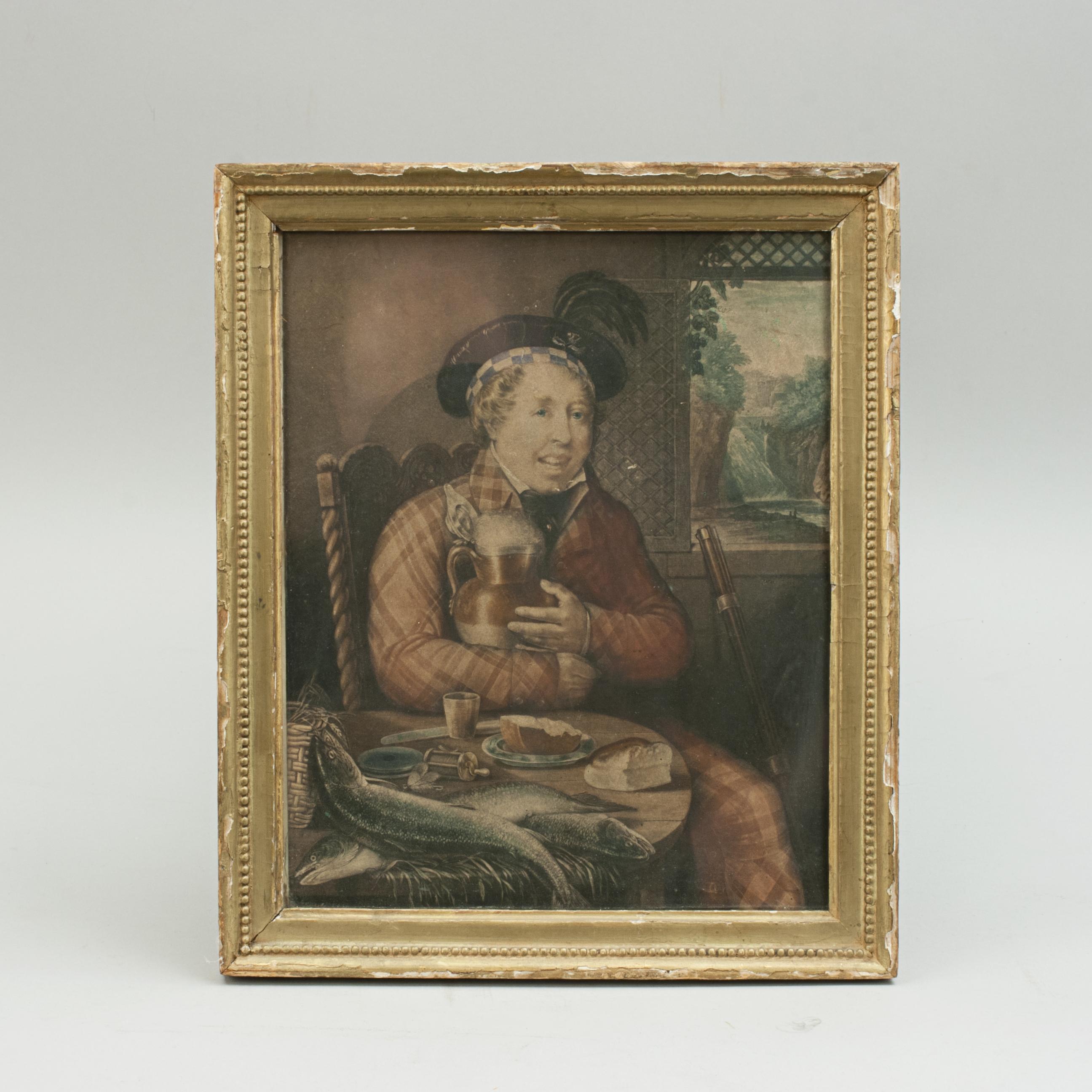 Early 19th Century Antique Fishing Mezzotint, Anglers Lunch For Sale