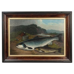 Pintura al óleo antigua de pesca de salmón en la orilla de un río