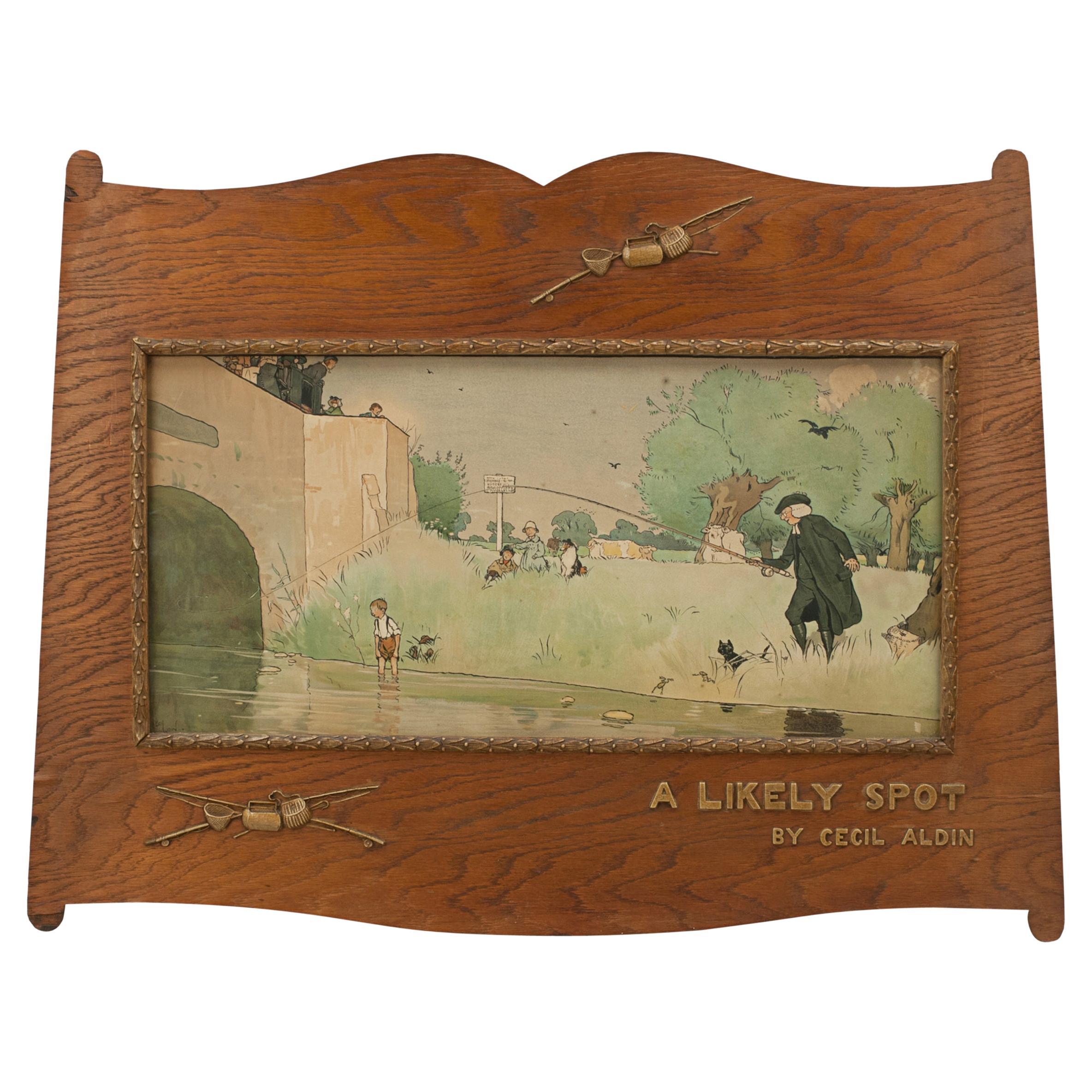 Antique Fishing Print, a Likely Spot in Original Titled Frame by Cecil Aldin