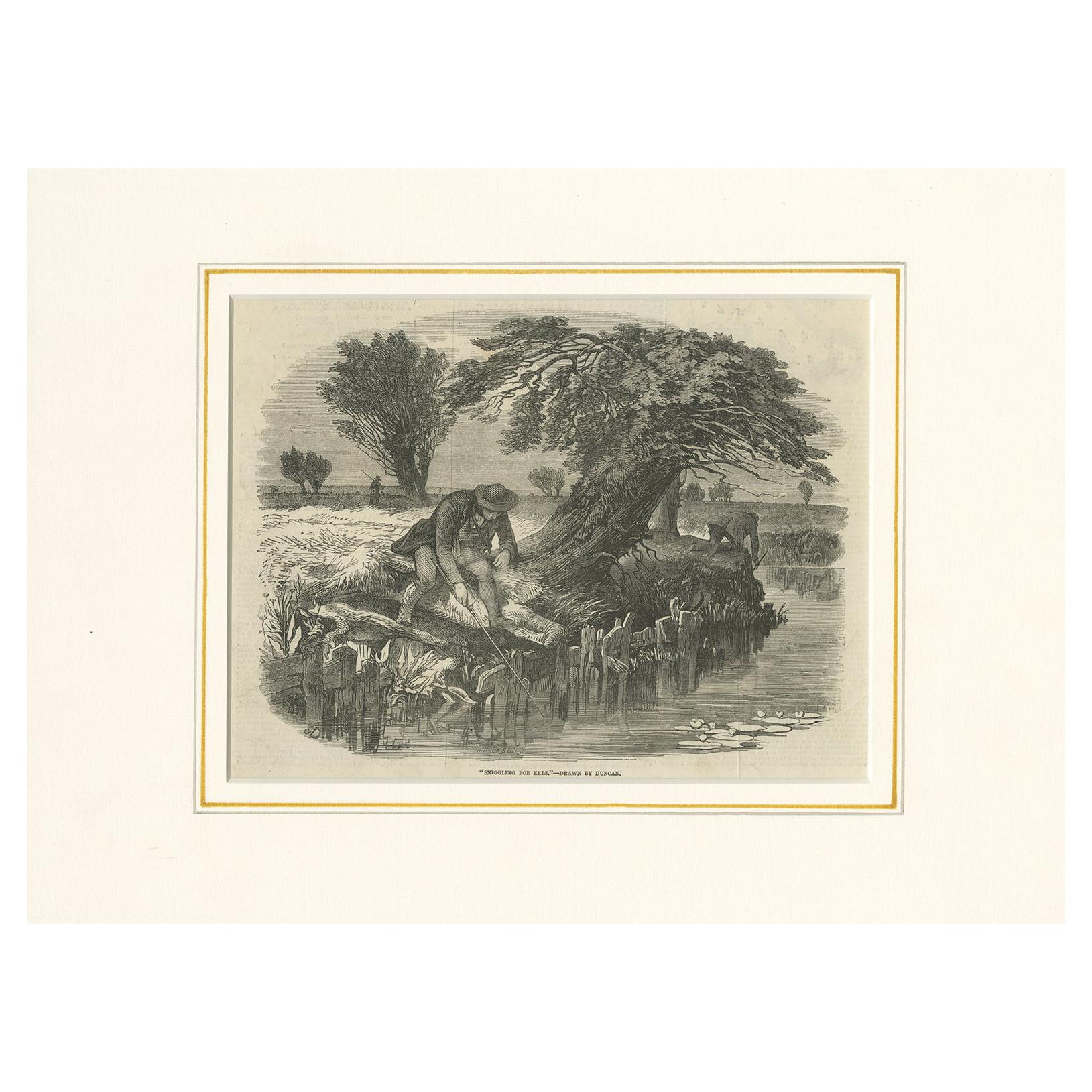 Antique Fishing Print illustrating Sniggling for Eels 'c.1850' For Sale