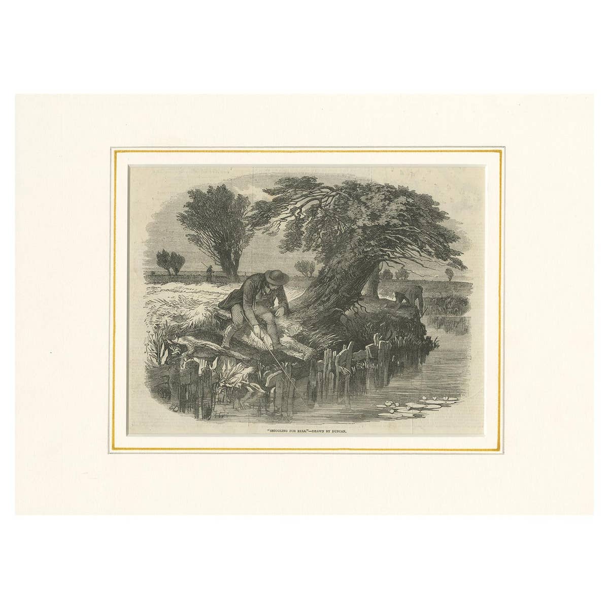 Antique Fishing Print illustrating Sniggling for Eels 'c.1850'