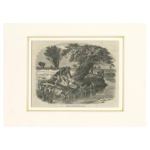 Antique Fishing Print illustrating Sniggling for Eels 'c.1850'