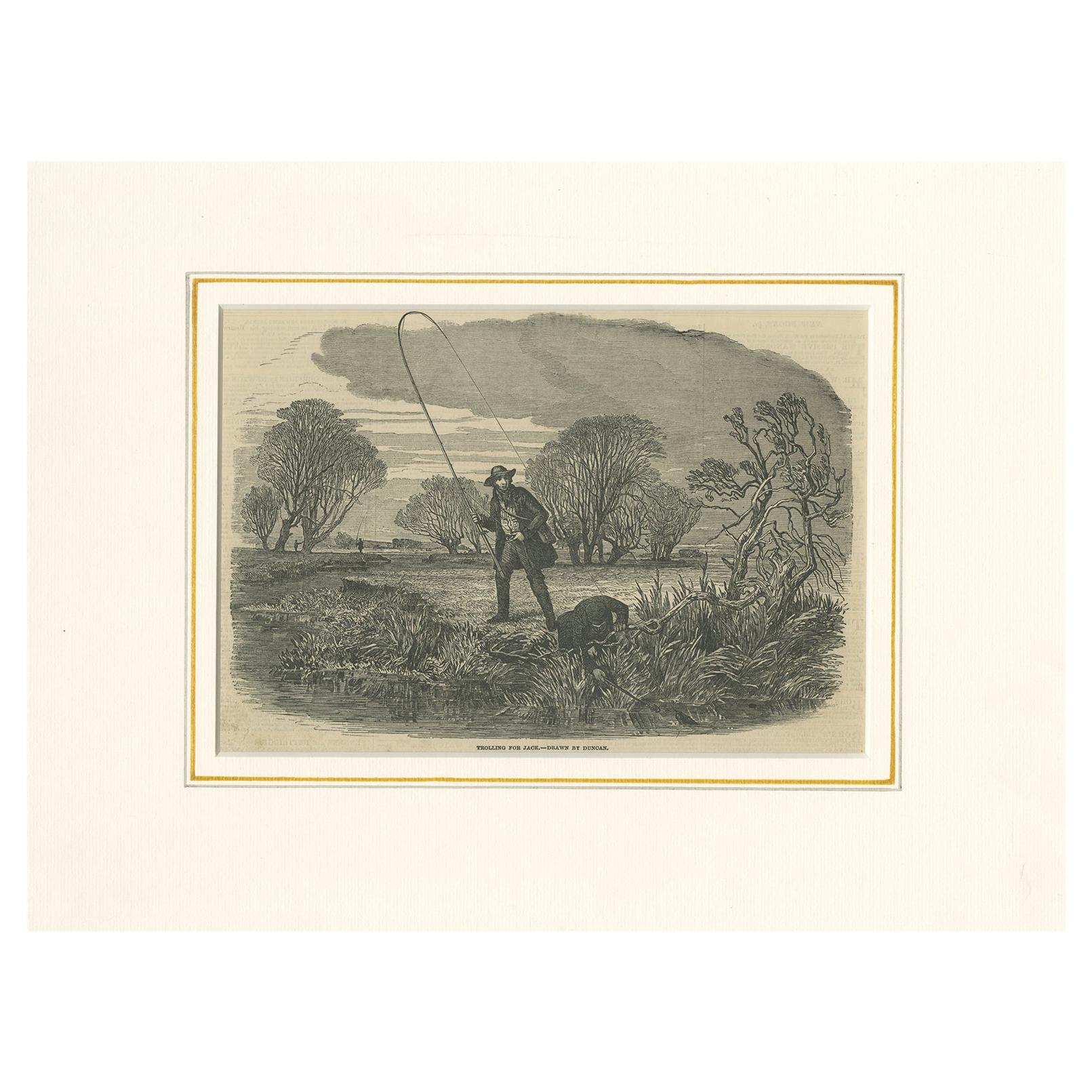 Antique Fishing Print illustrating Trolling for Jack 'c.1850' For Sale