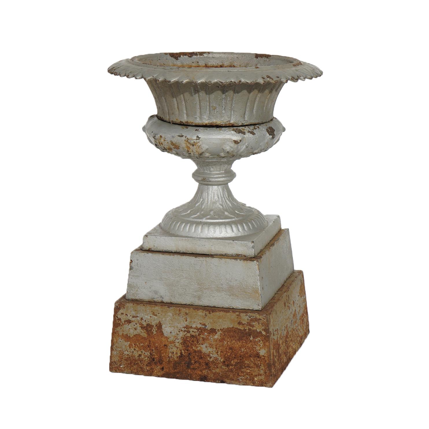 Greco Roman Antique Fiske School Cast Iron Garden Urn on Plinth C1890