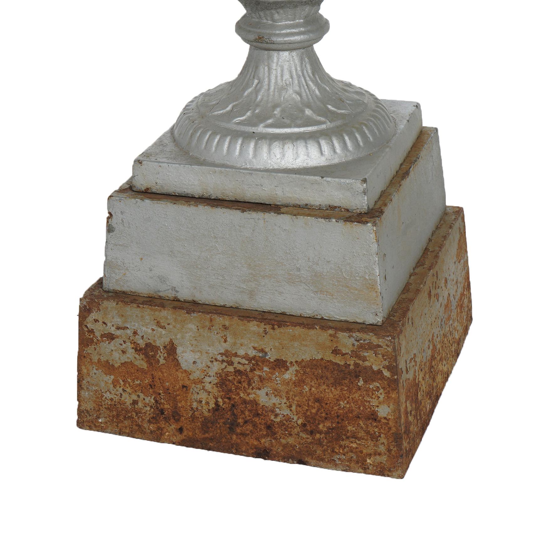 Antique Fiske School Cast Iron Garden Urn on Plinth C1890 In Good Condition In Big Flats, NY