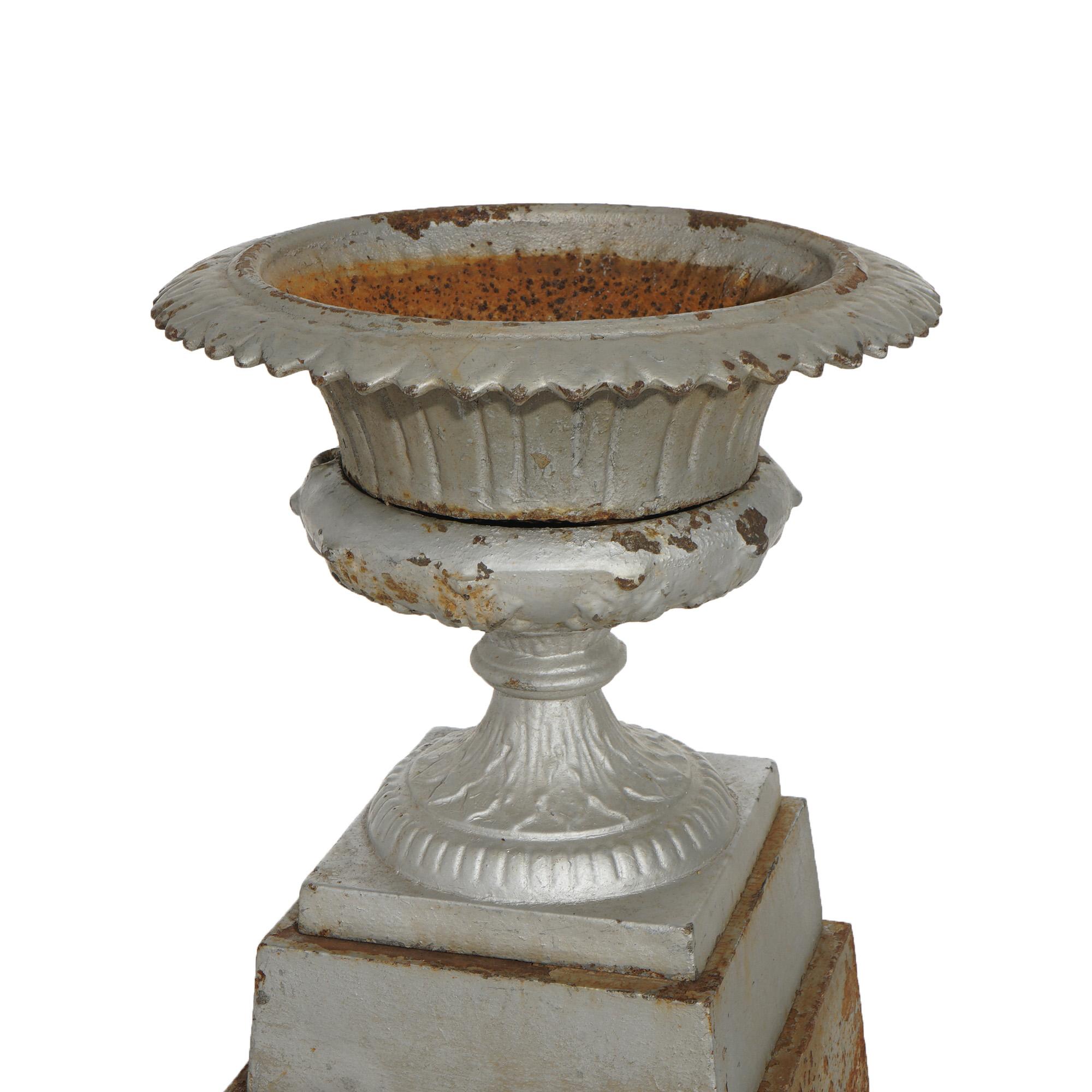 19th Century Antique Fiske School Cast Iron Garden Urn on Plinth C1890