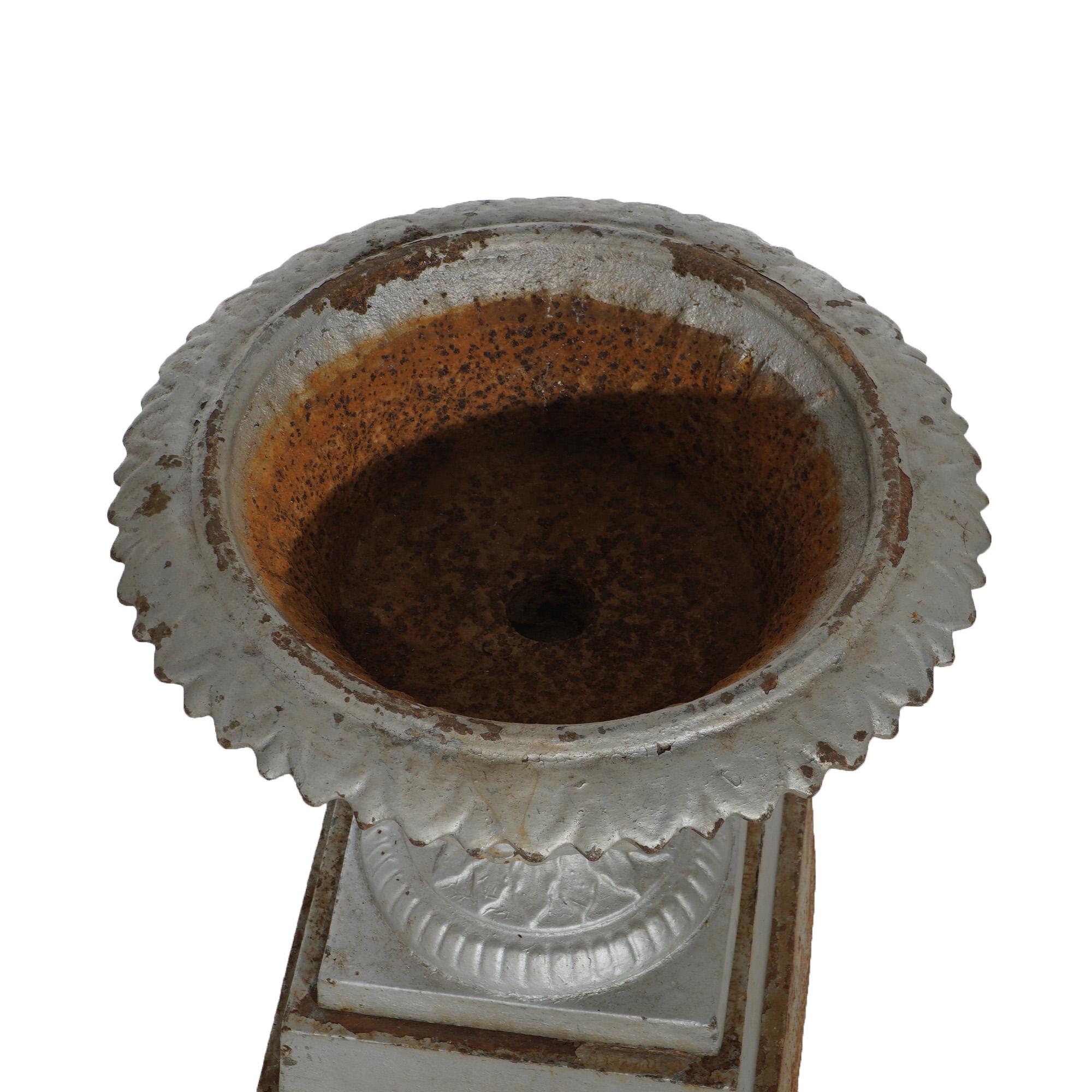 Antique Fiske School Cast Iron Garden Urn on Plinth C1890 1
