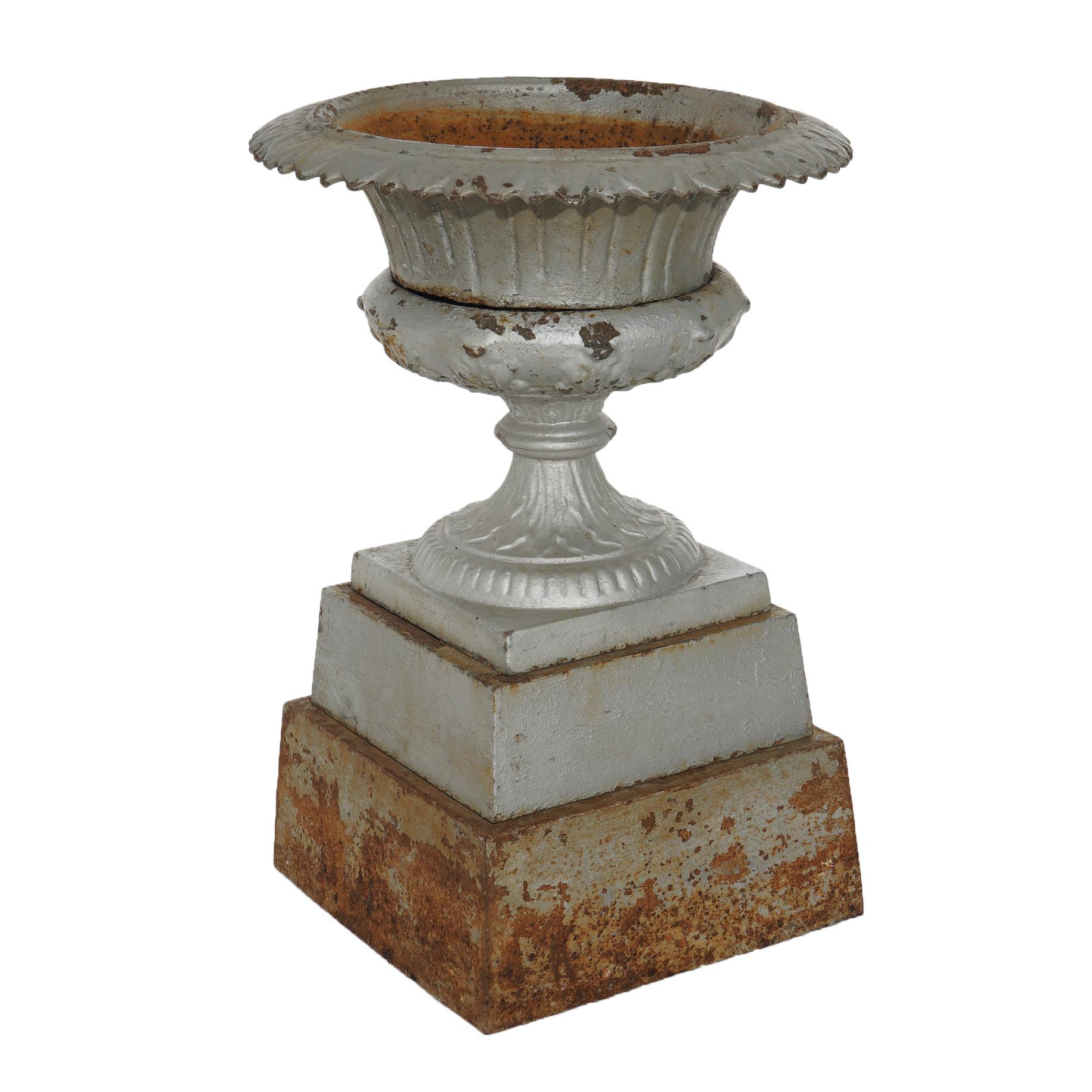 Antique Fiske School Cast Iron Garden Urn on Plinth C1890 2