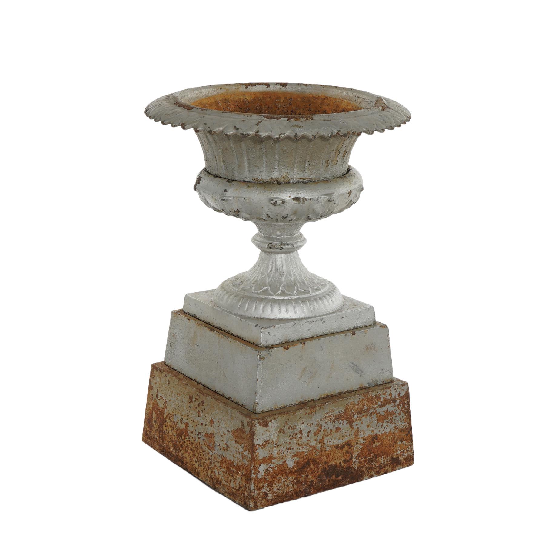 Antique Fiske School Cast Iron Garden Urn on Plinth C1890 3