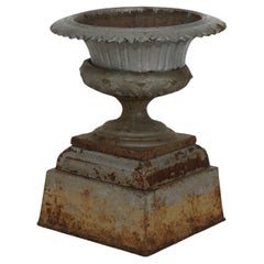 Antique Fiske School Cast Iron Garden Urn On Plinth C1890