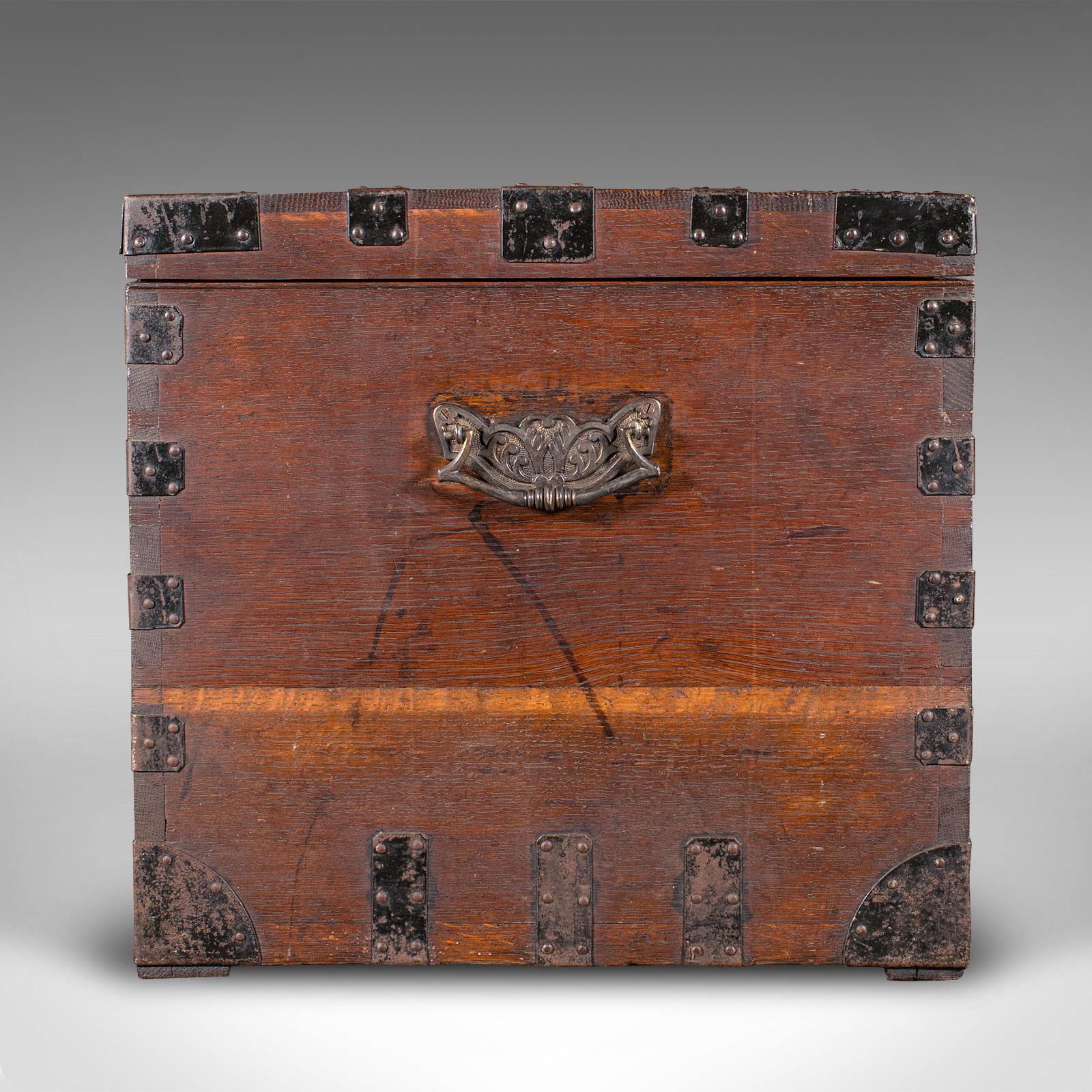 British Antique Fitted Silver Chest, English, Oak, Iron Bound, Shipping Trunk, Victorian For Sale