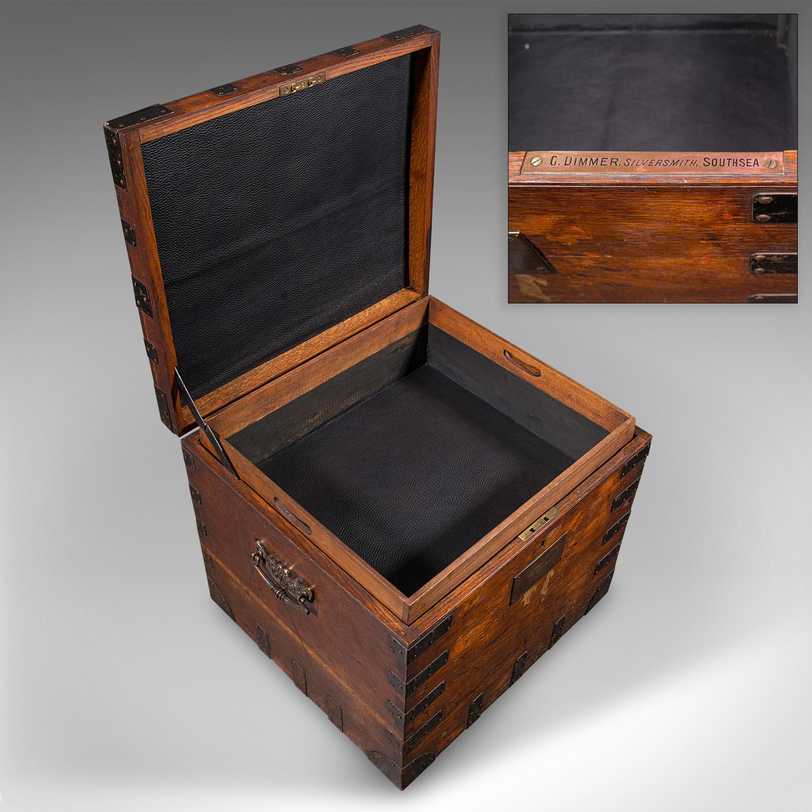 Antique Fitted Silver Chest, English, Oak, Iron Bound, Shipping Trunk, Victorian For Sale 2
