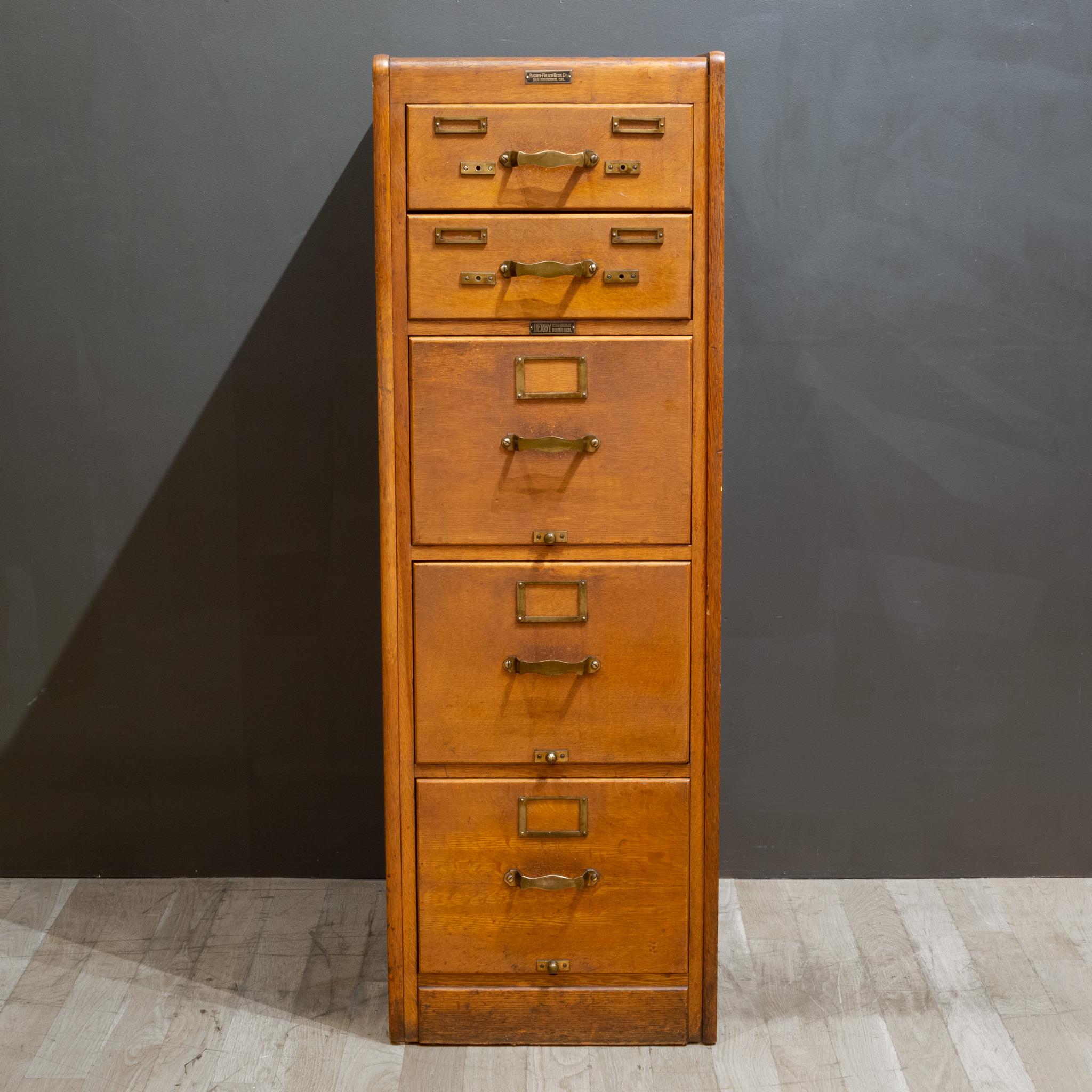 Industrial Antique Five Drawer Oak and Brass File Cabinet c.1930
