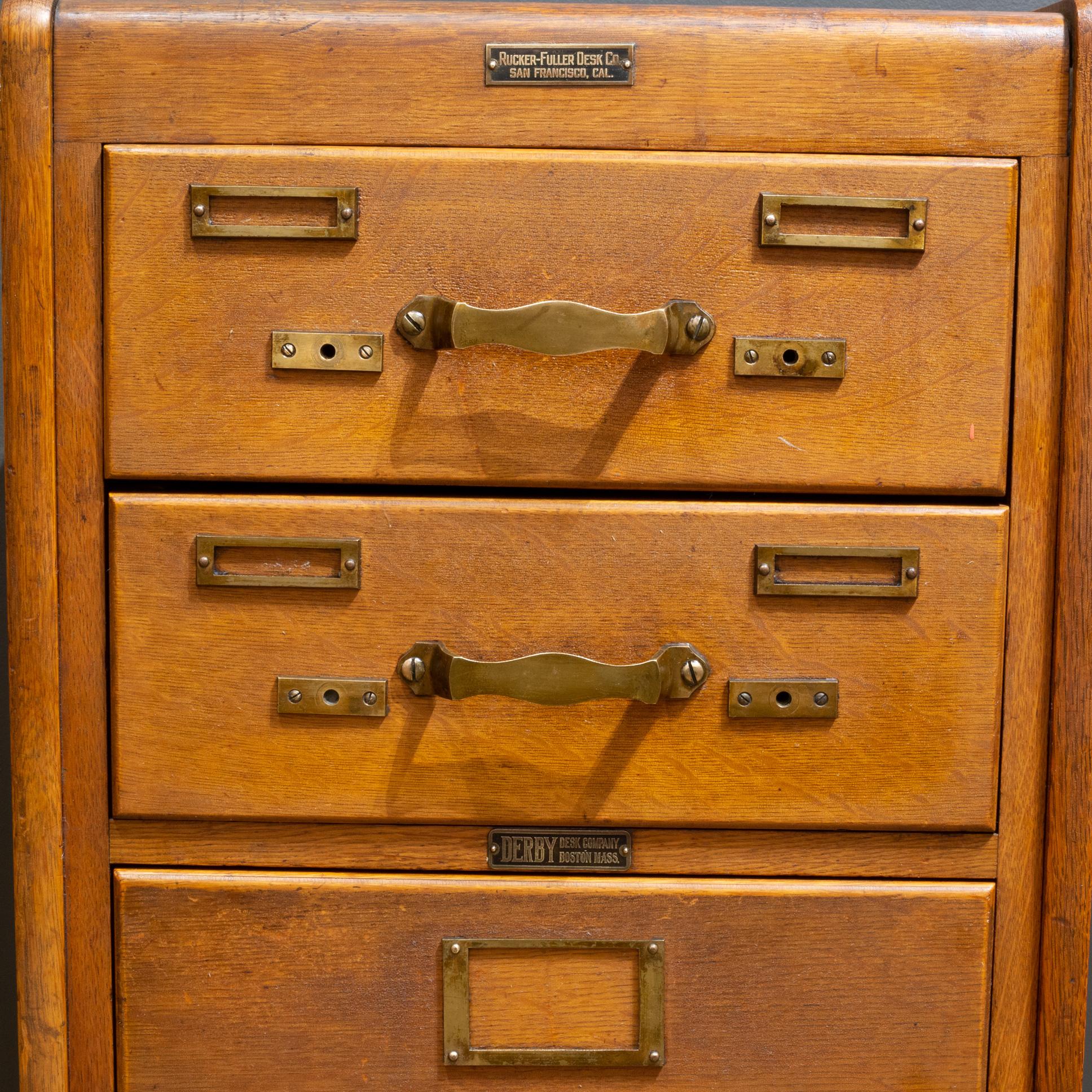 Antique Five Drawer Oak and Brass File Cabinet c.1930 In Good Condition In San Francisco, CA