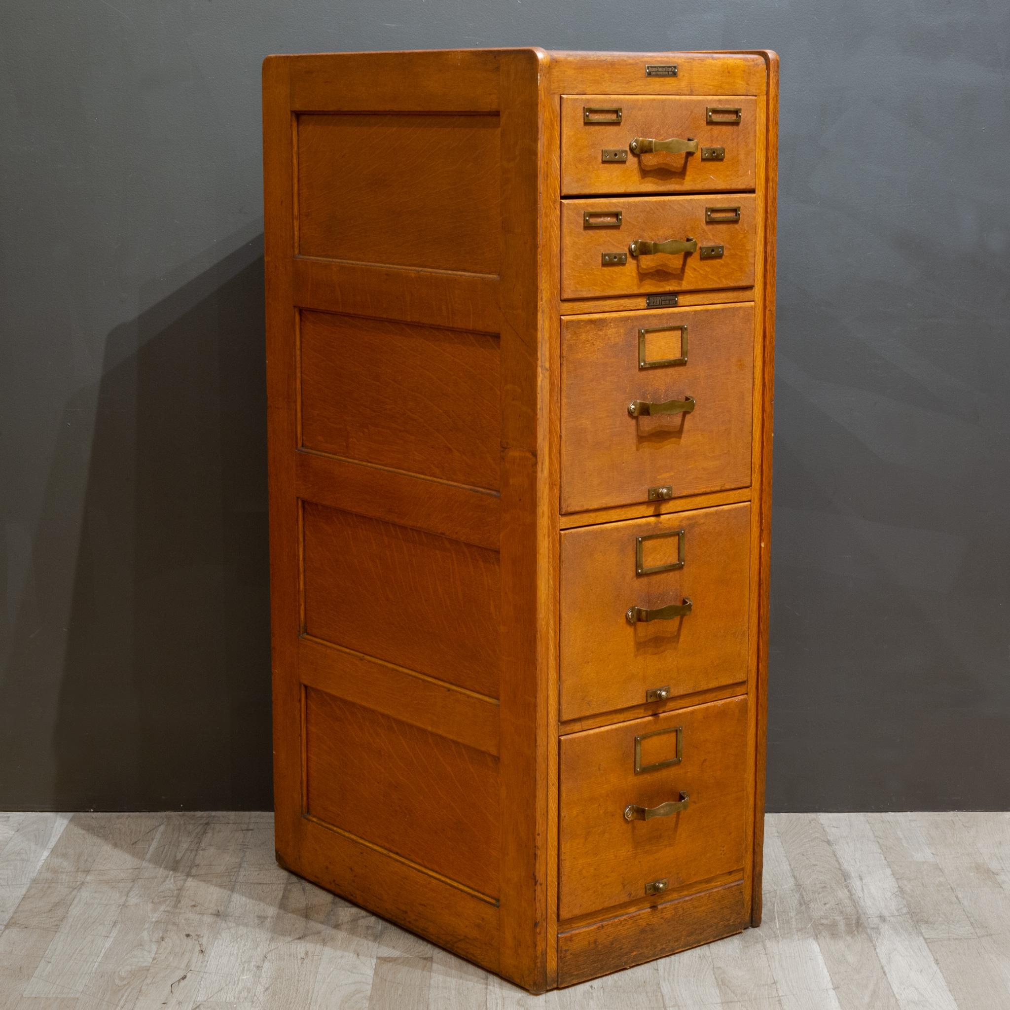 20th Century Antique Five Drawer Oak and Brass File Cabinet c.1930